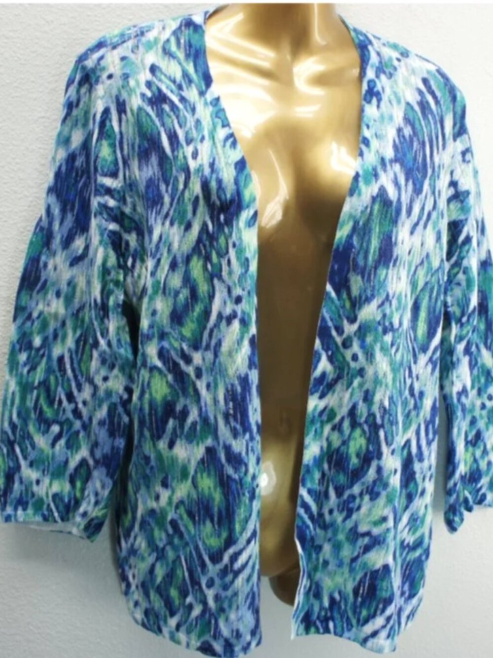 Chico's Blue Green Diamond Design Cardigan Sweater size 3